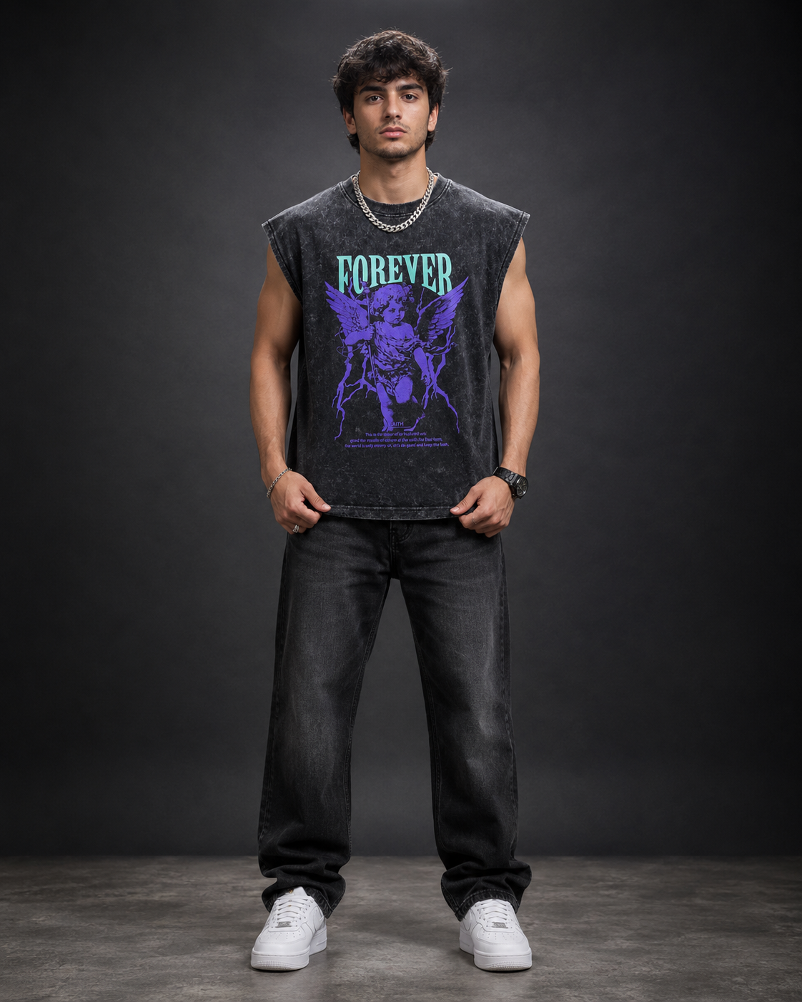 Forever Angel Oversized Tank Top – Acid Wash Black