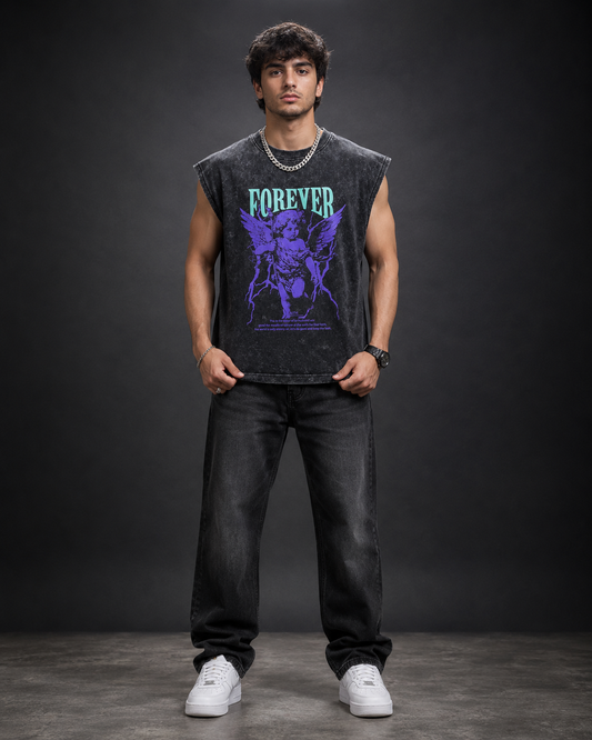 Forever Angel Oversized Tank Top – Acid Wash Black