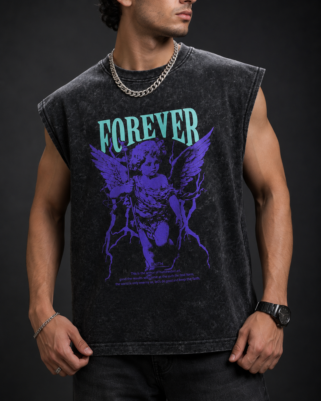 Forever Angel Oversized Tank Top – Acid Wash Black